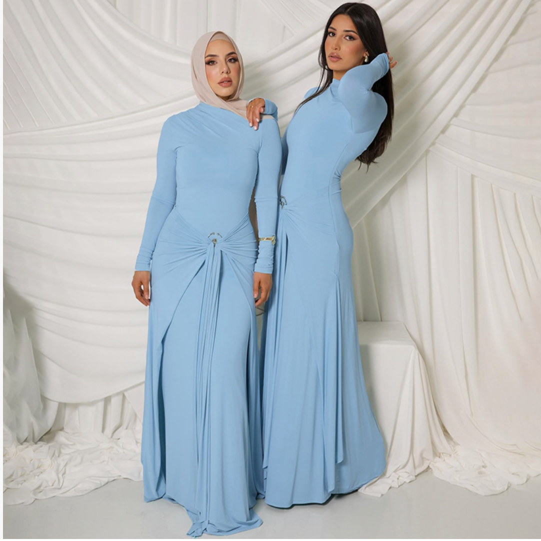 European and American 2025 new summer women's clothing temperament elegant decorative ring buckle solid color long-sleeved hip tight tie long skirt