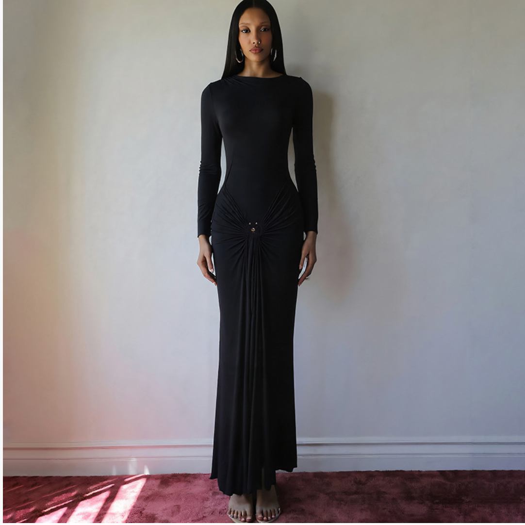 European and American 2025 new summer women's clothing temperament elegant decorative ring buckle solid color long-sleeved hip tight tie long skirt