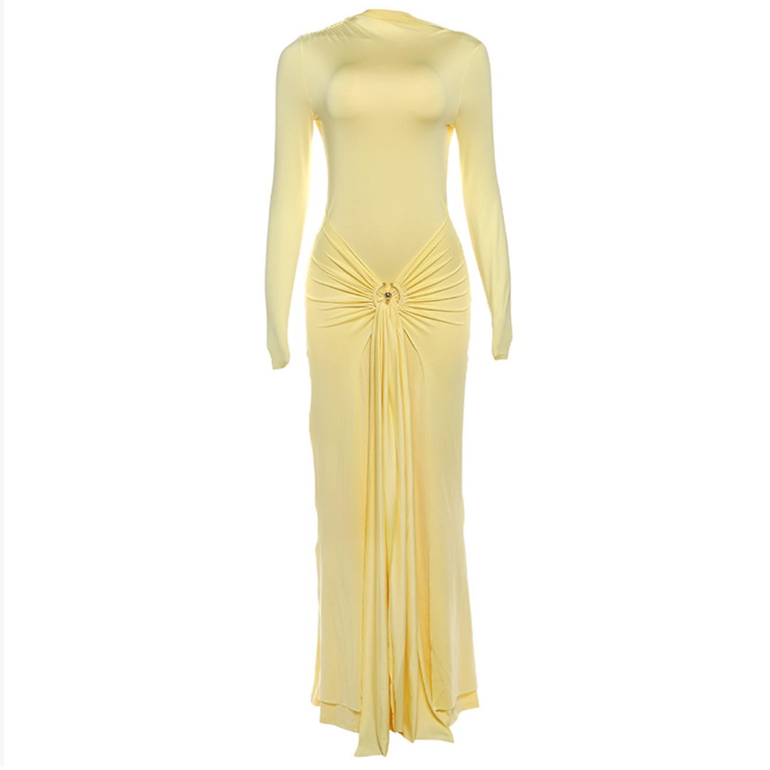 European and American 2025 new summer women's clothing temperament elegant decorative ring buckle solid color long-sleeved hip tight tie long skirt