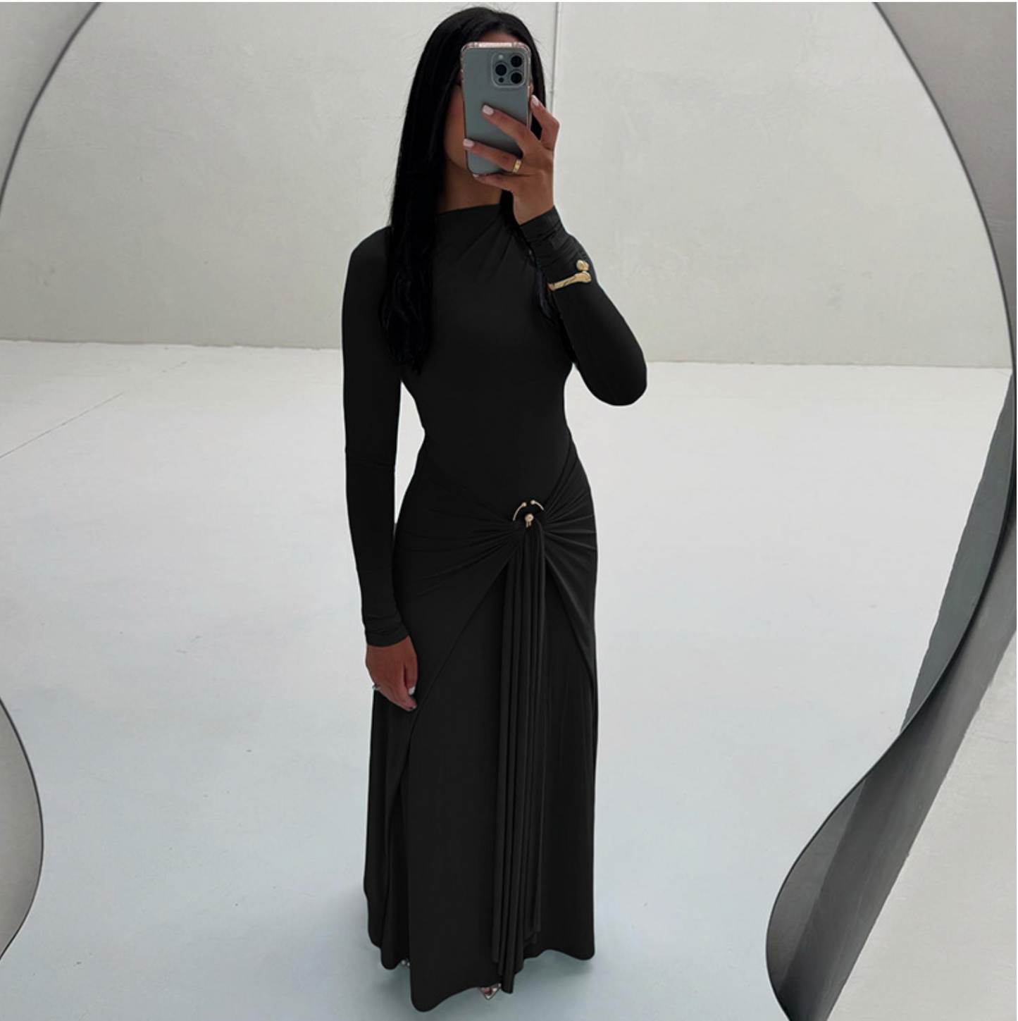 European and American 2025 new summer women's clothing temperament elegant decorative ring buckle solid color long-sleeved hip tight tie long skirt
