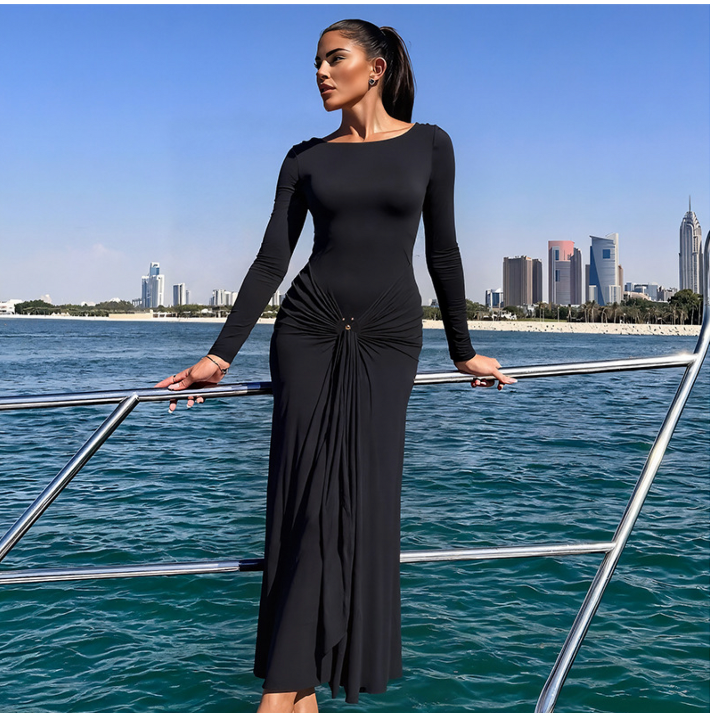 European and American 2025 new summer women's clothing temperament elegant decorative ring buckle solid color long-sleeved hip tight tie long skirt