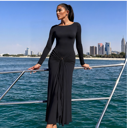 European and American 2025 new summer women's clothing temperament elegant decorative ring buckle solid color long-sleeved hip tight tie long skirt