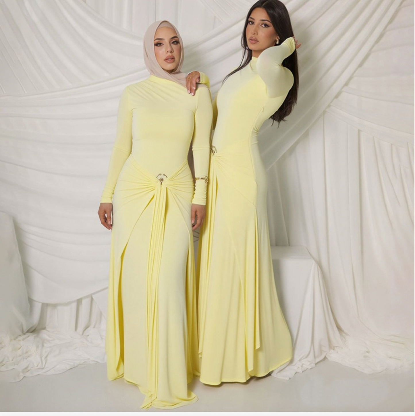 European and American 2025 new summer women's clothing temperament elegant decorative ring buckle solid color long-sleeved hip tight tie long skirt