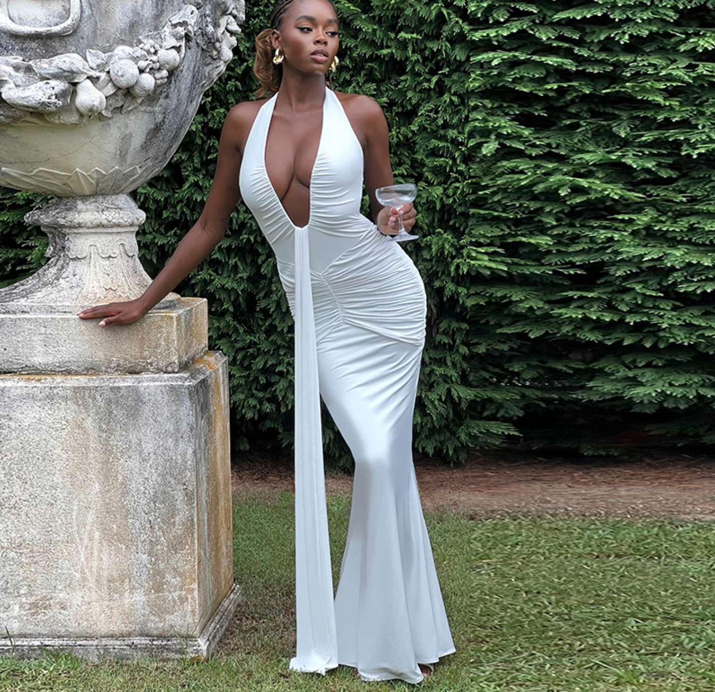 Foreign Trade Cross-border Women's Clothing Elegant Neck V-neck Backless Lace Pleated Long Skirt Dress Women