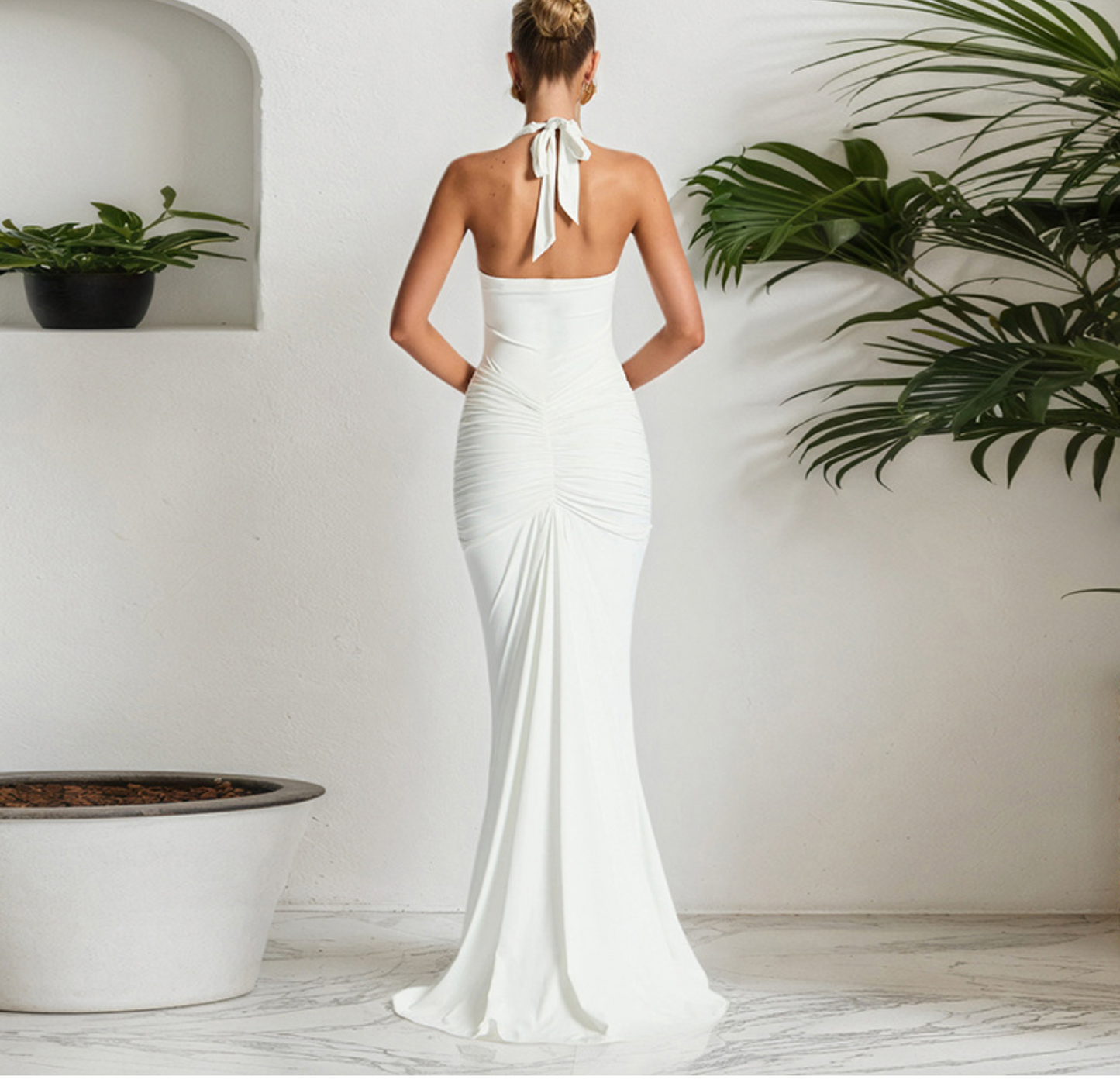 Foreign Trade Cross-border Women's Clothing Elegant Neck V-neck Backless Lace Pleated Long Skirt Dress Women