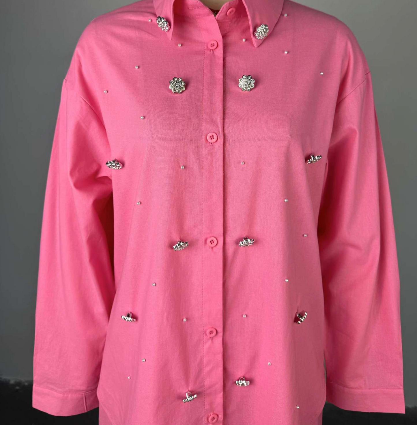 European and American women's clothing 2025 summer new sweet and fresh lapel long-sleeved studded shirt high-waisted straight trousers two-piece set