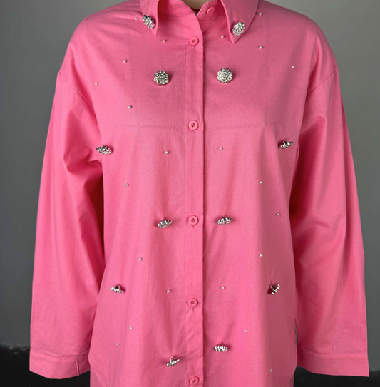 European and American women's clothing 2025 summer new sweet and fresh lapel long-sleeved studded shirt high-waisted straight trousers two-piece set