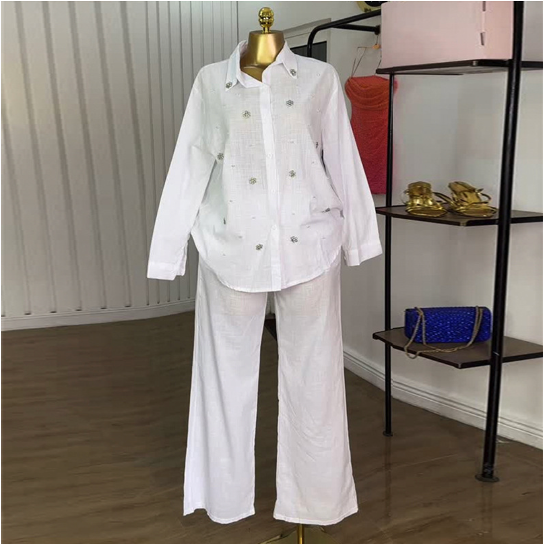 European and American women's clothing 2025 summer new sweet and fresh lapel long-sleeved studded shirt high-waisted straight trousers two-piece set