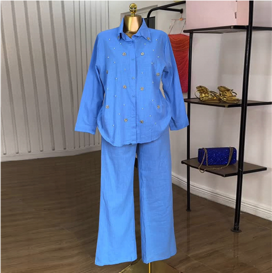 European and American women's clothing 2025 summer new sweet and fresh lapel long-sleeved studded shirt high-waisted straight trousers two-piece set