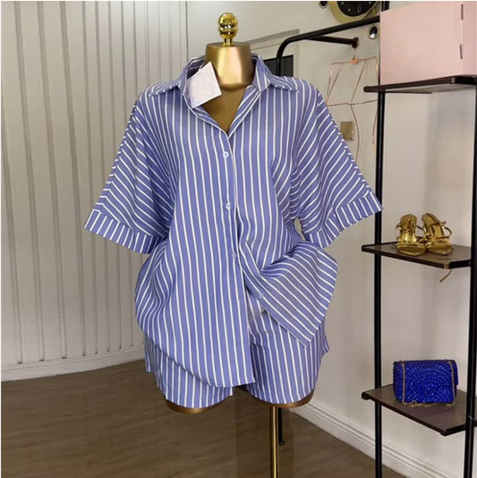 European and American cross-border women's clothing 2025 summer new fashion blue and white striped loose shirt high-waisted wide-leg shorts set