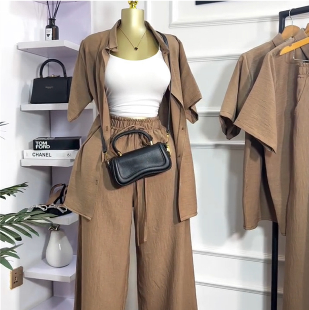 European and American cross-border women's clothing 2025 summer new casual lapel loose short-sleeved shirt wide-leg trousers fashion set - Alibaba