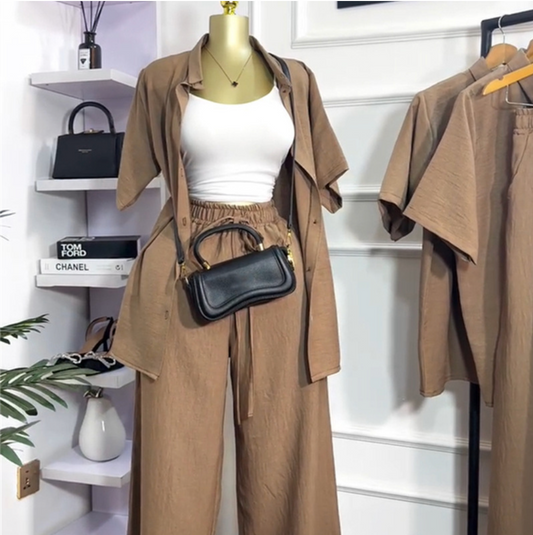 European and American cross-border women's clothing 2025 summer new casual lapel loose short-sleeved shirt wide-leg trousers fashion set - Alibaba