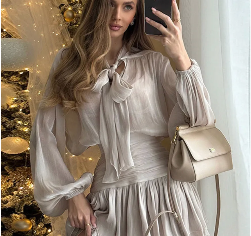 Women Fashion Sexy Elegant Solid Color Long Puff Sleeve Lace-Up Blouse Pleated Skirt Two-Piece Set