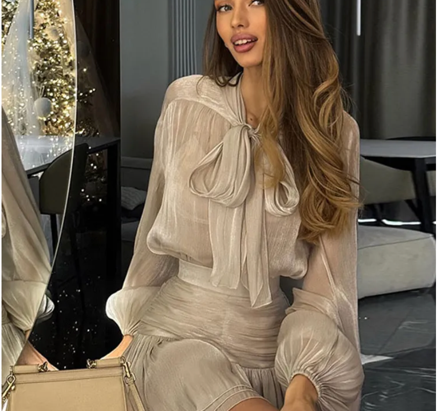 Women Fashion Sexy Elegant Solid Color Long Puff Sleeve Lace-Up Blouse Pleated Skirt Two-Piece Set