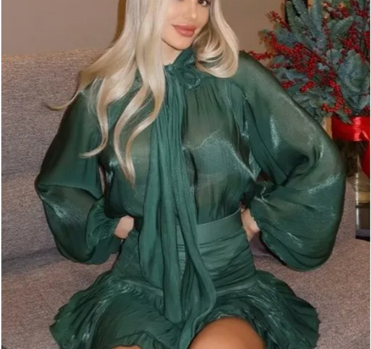 Women Fashion Sexy Elegant Solid Color Long Puff Sleeve Lace-Up Blouse Pleated Skirt Two-Piece Set