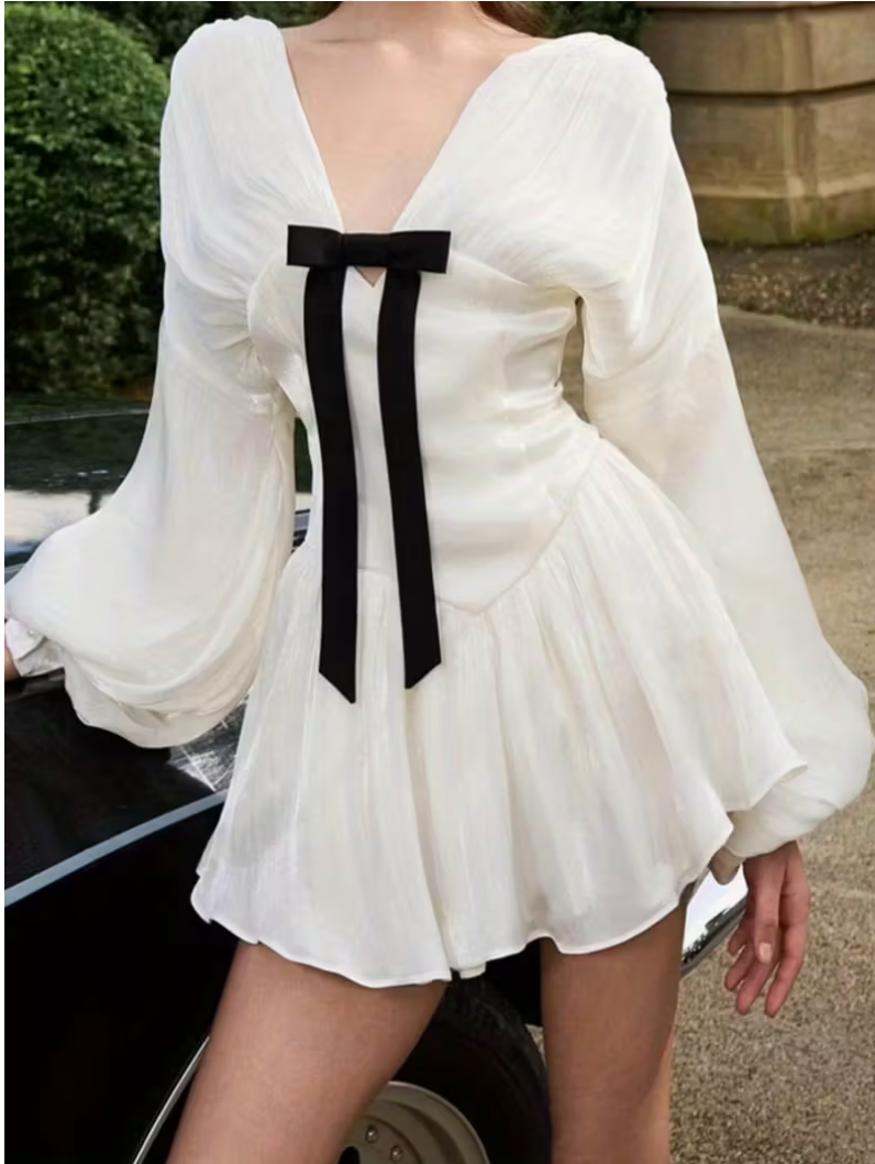 Women long sleeve a line dress casual cute bow deep v neck