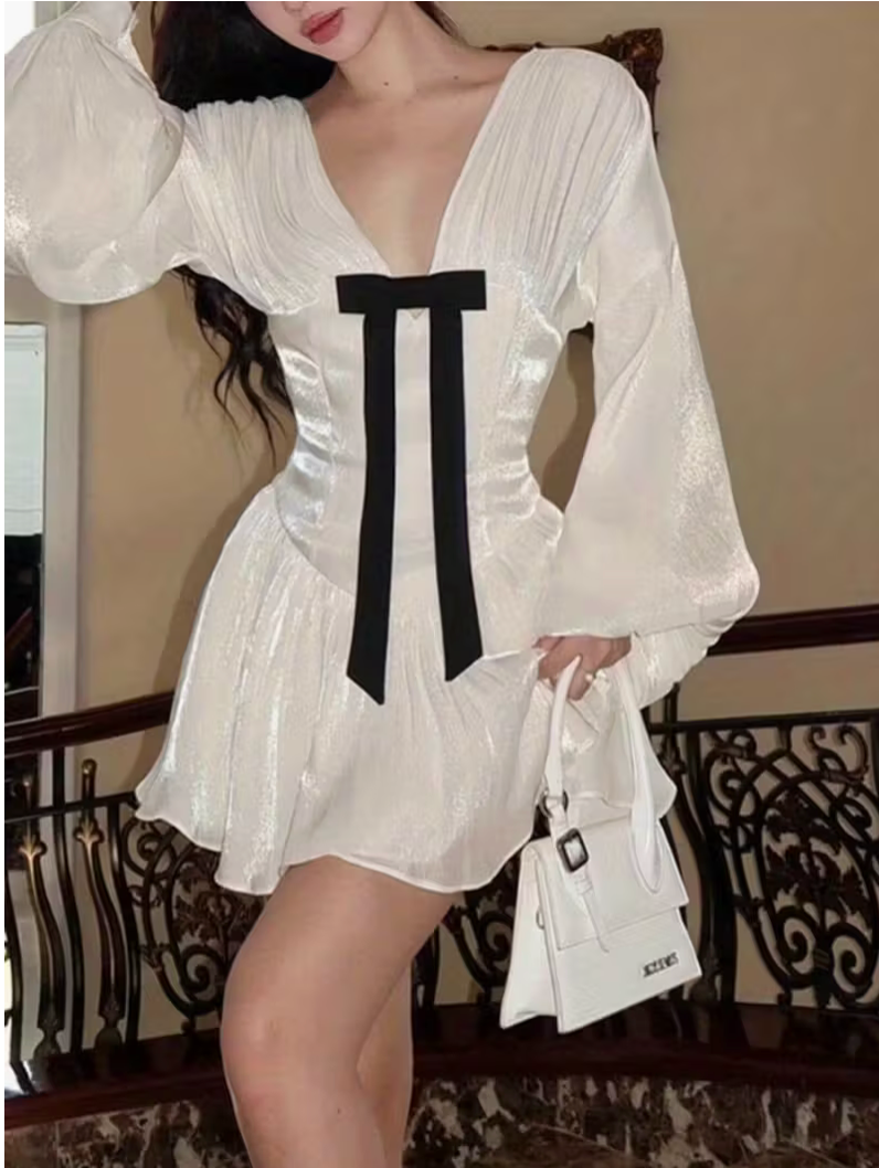 Women long sleeve a line dress casual cute bow deep v neck