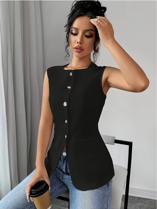 Women's sleeveless square neck jacket vest button front