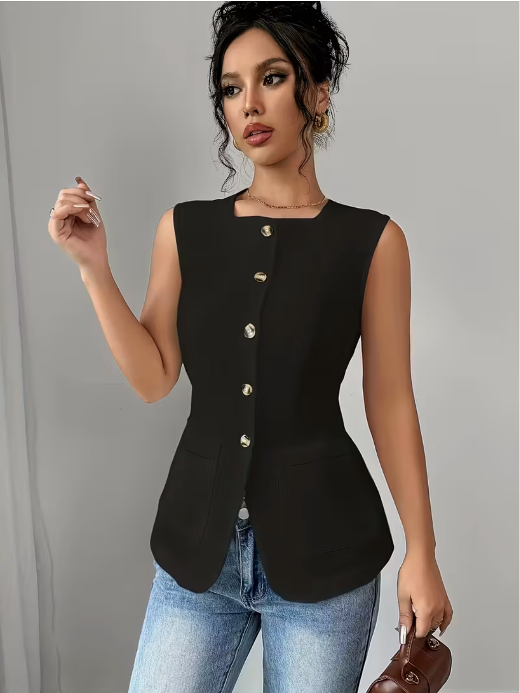 Women's sleeveless square neck jacket vest button front