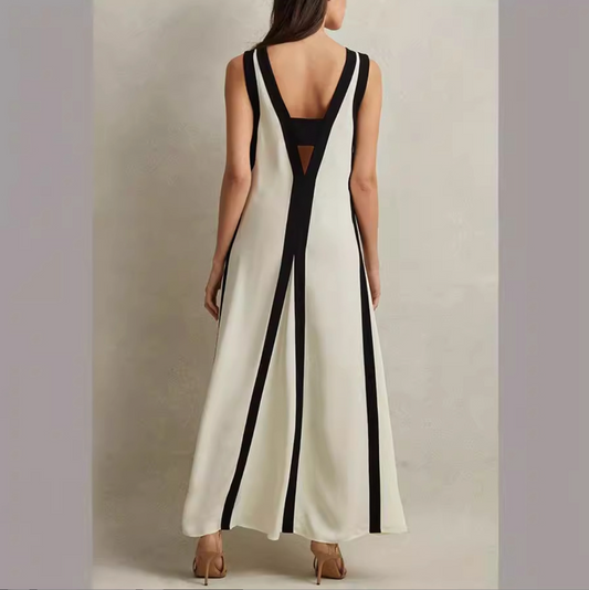 Elegant Contrast V-Neck Spaghetti Sling Casual Maxi Dress