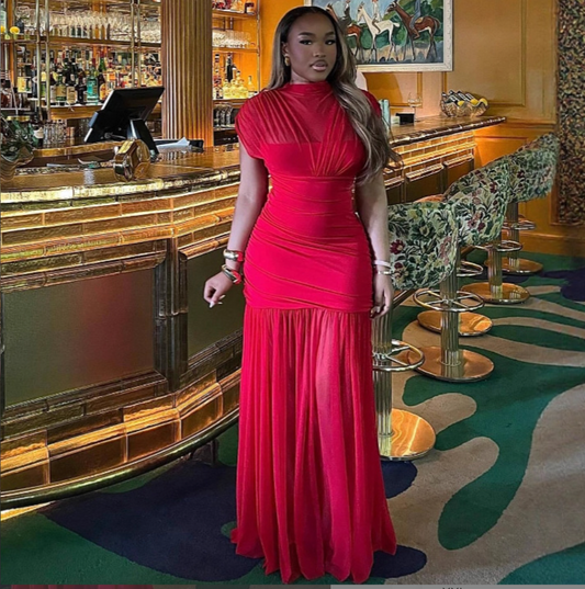 European and American women's clothing high-end temperament elegant mesh stitching red dress women's African style fashion long skirt