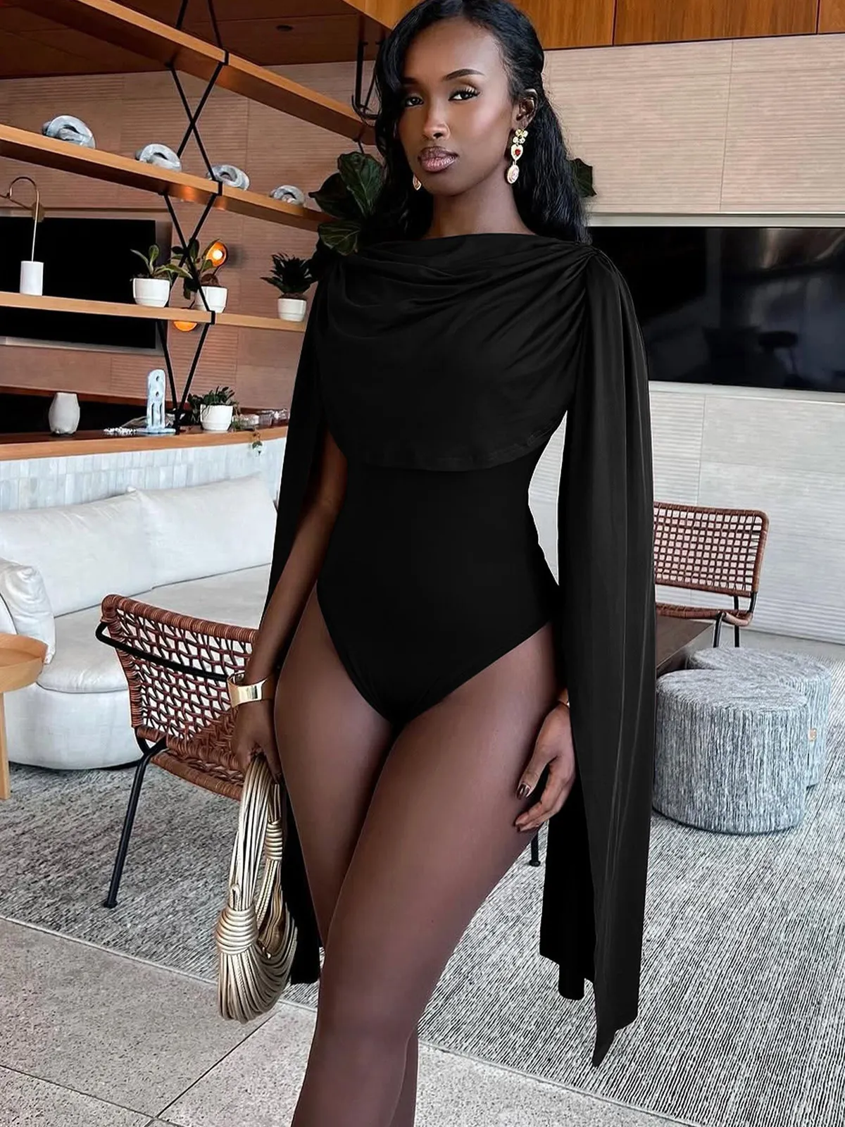 Swing Collar Long-Sleeve Slim-Fit Bodysuits