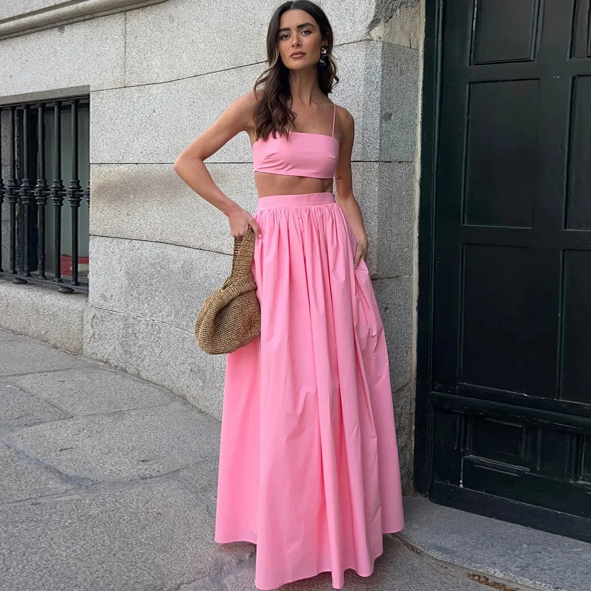 Fashion Pure Cotton Solid Color Top And Skirt Two-Piece Set