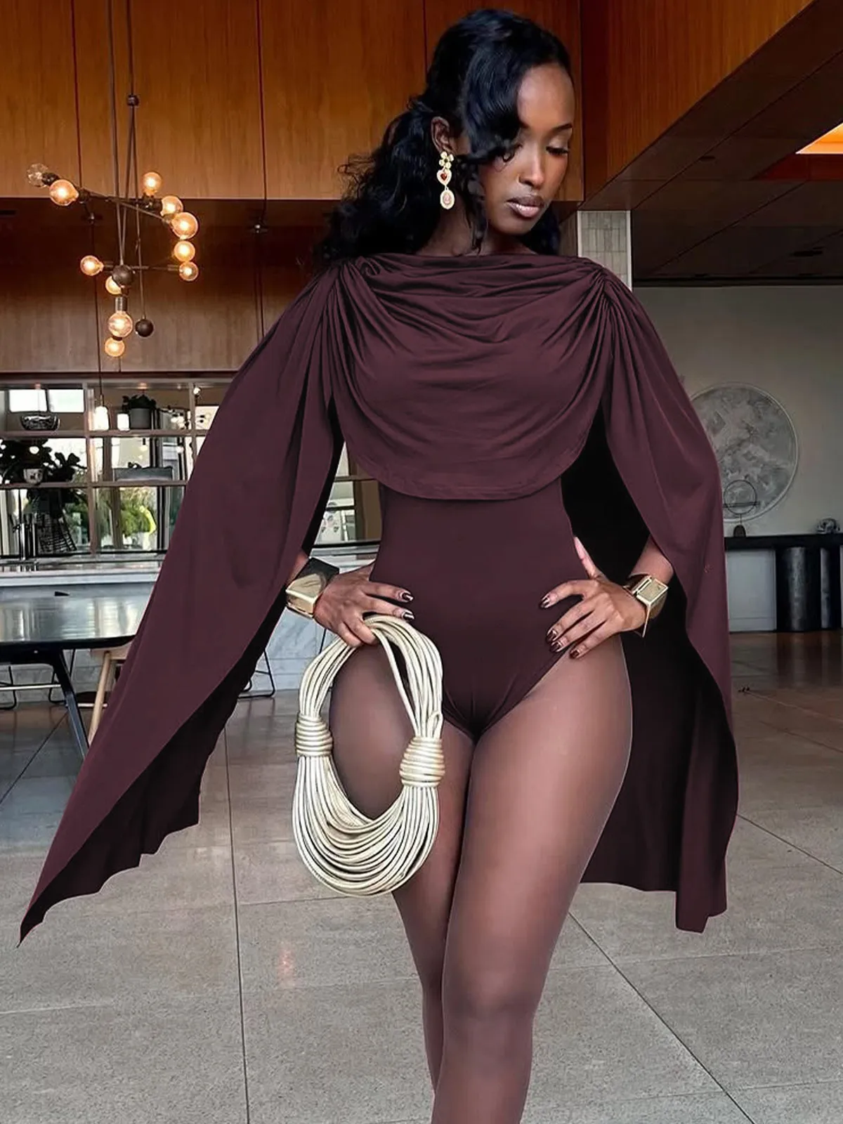 Swing Collar Long-Sleeve Slim-Fit Bodysuits